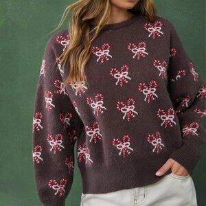 Multicolor Casual Women's Candy Cane Bows Pattern Crew Neck Long Sleeve Sweater